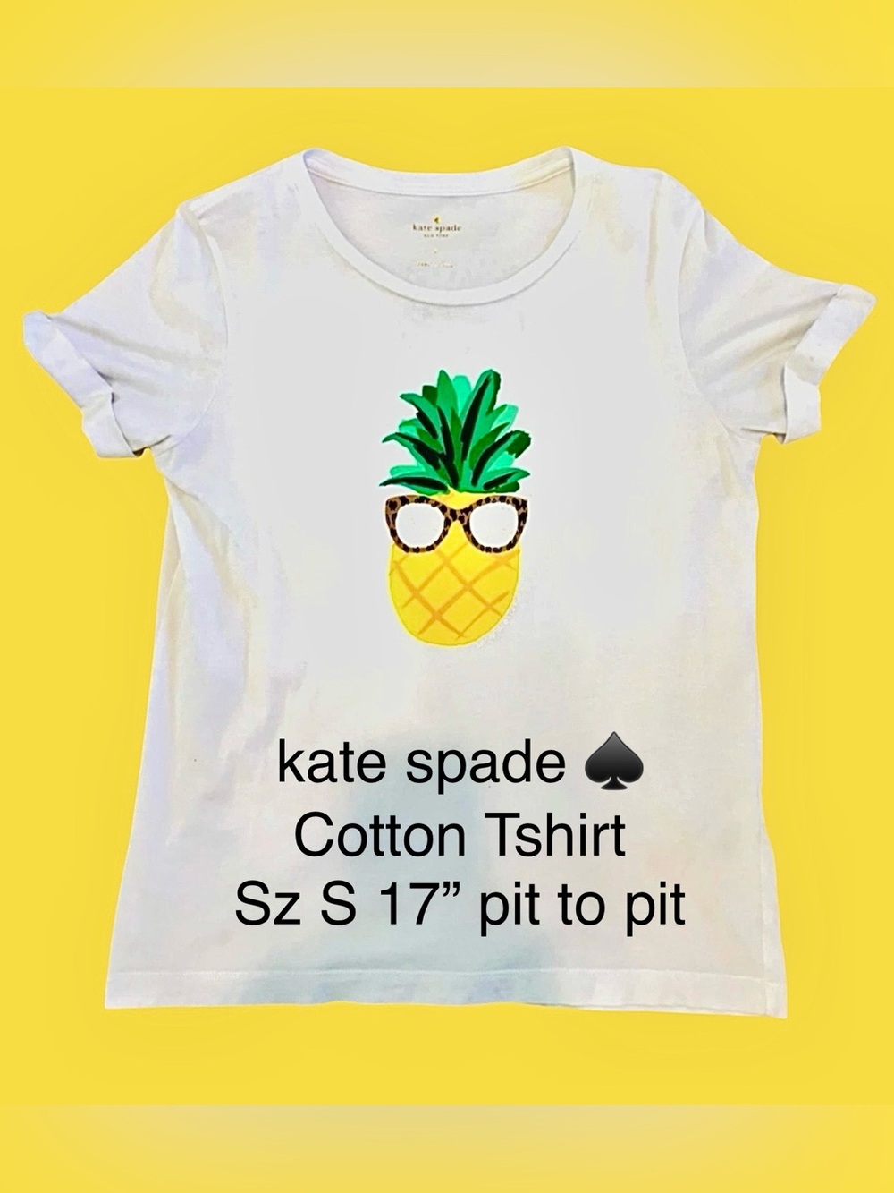 kate spade EUC SZ S T-shirt Pineapple on white/foil glasses &logo Cuffed Sleeve